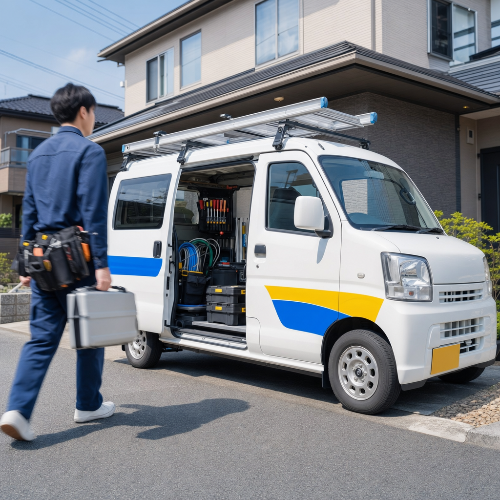 道具を積んだ作業車で現場へ向かうスタッフ